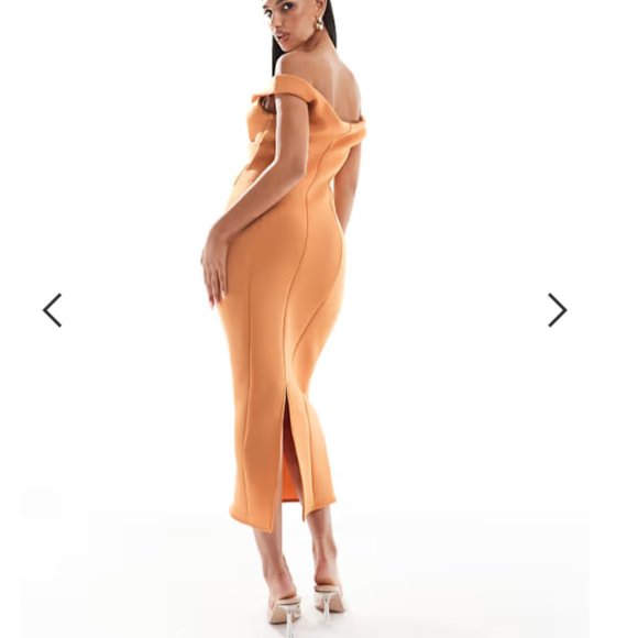 ASOS DESIGN structured bardot pencil midi dress in apricot size m - Picture 4 of 4